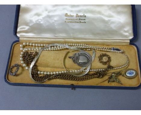 Mixed vintage silver and costume jewellery to include; silver fob, silver necklace, gold plated watch chain with 9ct gold cli