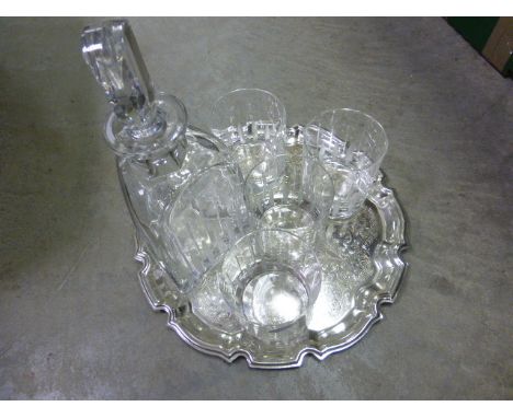 Crystal decanter and whisky tumbler set with a silver plated tray
