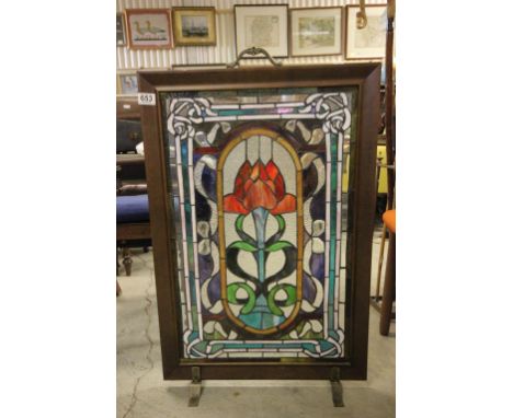 Wooden Firescreen with Leaded Coloured Glass Panel
