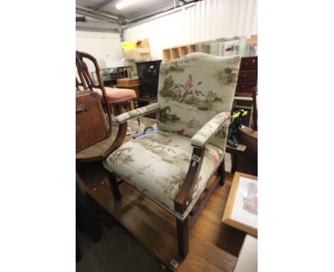 Large Open Armchair with studded hunting scene upholstery 