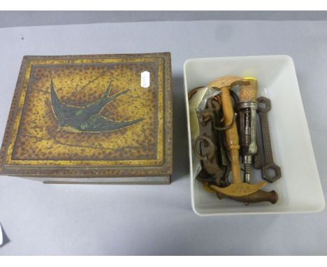 Box of vintage collectables to include rack type corkscrew with brush, scales etc plus a vintage Bluebird toffee tin