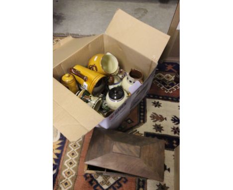 Box of Torquay ware plus a 3 section wooden tea caddy