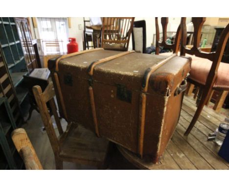 Large Canvas Covered and Wooden Bound Travelling Trunk with interior tray