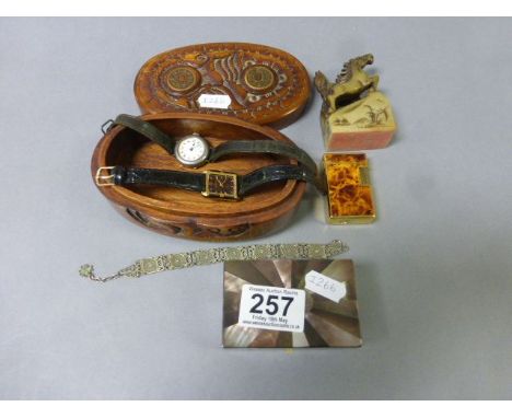 Wooden trinket box with mother of pearl decoration, Oriental hardstone carving plus an Oriental wooden box & contents