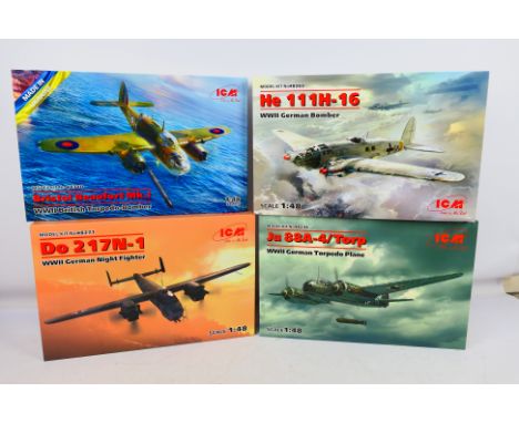ICM  - Four boxed 1:48 scale ICM plastic military aircraft model kits. Lot consists of ICM #48217 Dornier DO217N-1 WW2 German