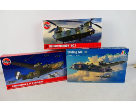 Airfix - Italeri - Three boxed factory sealed plastic military aircraft model kits in 1:72 scale. Lot consists of Airfix A090