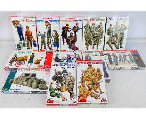MiniArt - Twelve predominately 1:35 scale boxed plastic model figure kits, including MiniArt #35348 German Tankers Refueling;