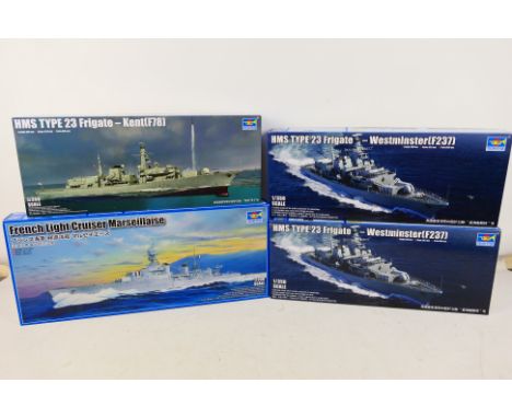 Trumpeter - Four boxed plastic model ship kits in 1:350 scale by Trumpeter. Lot consists of #5374 French Light Cruiser Marsei