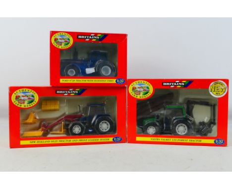Britains - 3 x boxed tractor models in 1:32 scale, Ford 8730 with flotation tyres # 9442, Valtra Valmet 115 forest tractor # 
