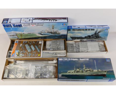 Trumpeter - Three boxed plastic model ship kits in various scales by Trumpeter. Lot consists of #05352 1:350 scale HMS Kent; 