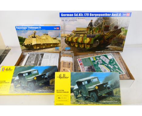 Hobby Boss - Heller - Four boxed plastic military vehicle model kits in 1:35 and 1:72 scales. Lot consists of Hobby Boss #845