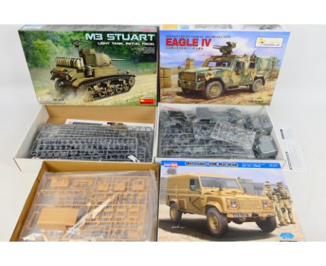 MiniArt - Hobby Boss - Vespid Models - Three boxed 1:35 scale plastic military model vehicles kits. Lot consists of MiniArt #