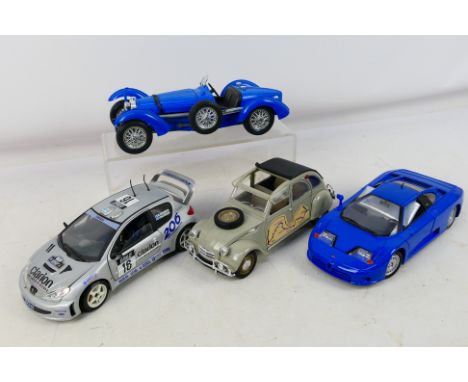 Maisto - Solido - Bburago - 4 x unboxed cars in 1:18 scale, Bugatti EB110, Citroen 2CV, Peugeot 206 WRC and Bugatti Type 59. 