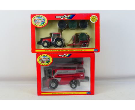 Britains - 2 x boxed Britains sets, a Valtra Valmet 8750 Tractor & Volac 820 Bale Wrapper # 09673, and a Massey Ferguson 7200