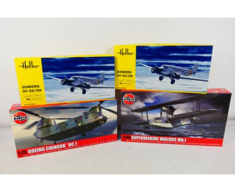 Airfix - Heller - Four boxed factory sealed plastic military model aircraft kits in various scales. Lot consists of Airfix AO
