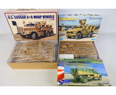 Meng - Ryefield Model - Gecko Models - Three boxed plastic military vehicle model kits. Lot consists of Ryefield Model #4801 
