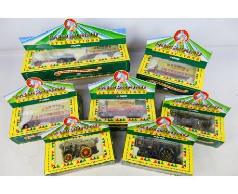 Corgi - 7 x 1:50 scale vehicles from the Fairground Attractions series to include 2 x #CC20103 Fowler Showmans Locomotive, 2 
