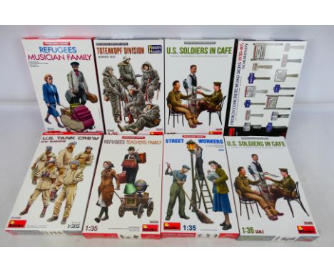MiniArt - Eight boxed 1:35 scale plastic model figure / accessories kits, including MiniArt #38084 Musician Family Refugees; 