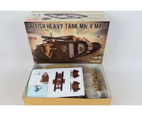 Meng Models - A boxed 1:35 scale Meng Models TS-020 British Heavy Tank Mk.V Male plastic model kit. The kit appears to be in 