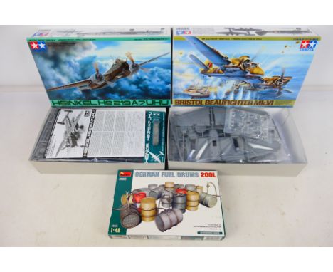 Tamiya - Two boxed 1:48 scale Tamiya plastic military aircraft model kits, with a MiniArt 1:48 #49002 German Fuel Drums 200L 