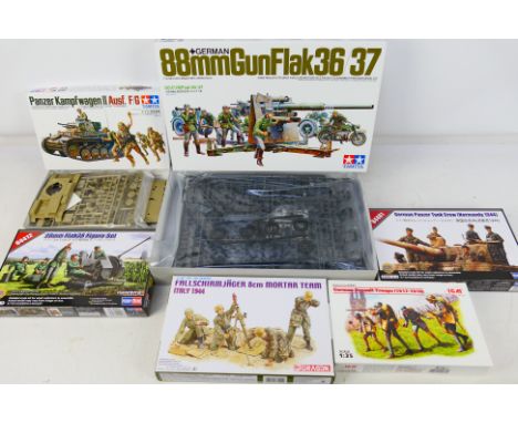 Tamiya - Dragon - ICM - Hobby Boss - Six boxed plastic military model vehicle and figure kits  in 1:35 scale. Lot includes Ta