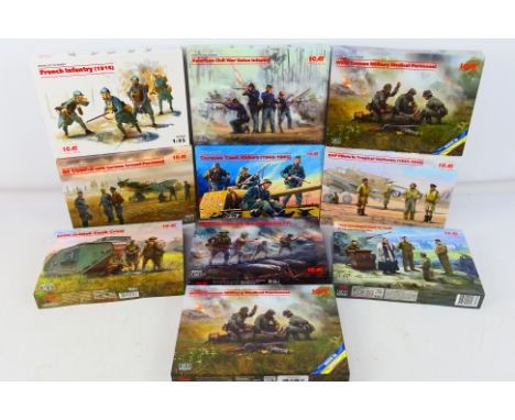 ICM - A boxed collection of 10 factory sealed plastic model military personnel figure kits from ICM mainly in 1:35 scale. Lot