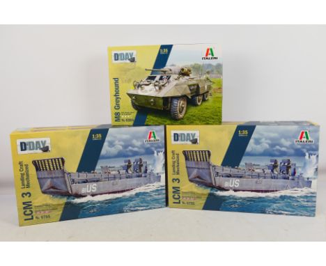 Italeri - Three boxed 1:35 scale plastic military vehicle model kits from the Italeri 'D:Day 80 Years' range. Lot consists of