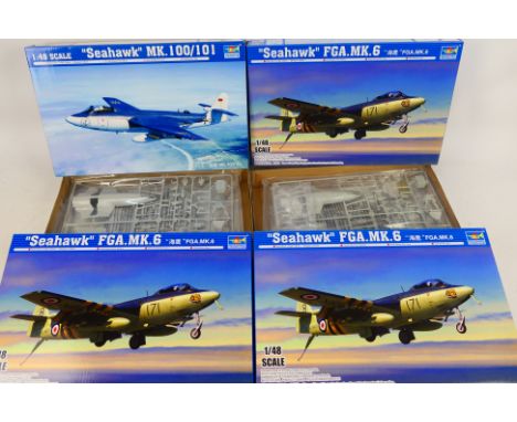 Trumpeter - Four boxed 1:48 scale plastic military model aircraft kits. Lot consists of Trumpeter #02827 Seahawk Mk.100/101; 