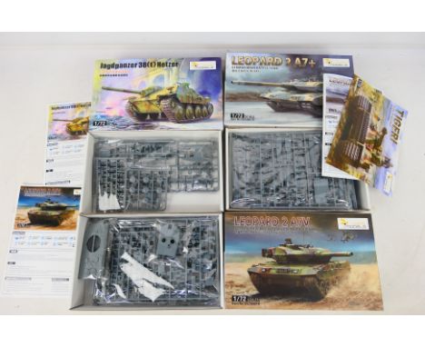 Vespid Models - Three boxed 1:72 scale plastic model tank kits from Vespid Models. Lot includes VS720015 Leopard 2 A7+; VS720
