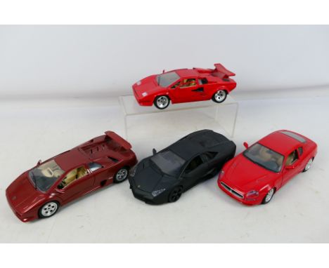 Bburago - 4 x unboxed cars in 1:18 scale, Lamborghini Countach, Diablo and Aventador and a Maserati 3200 GT. They are dusty f