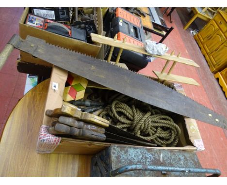 Box with vintage saws, hand tools, rope etc