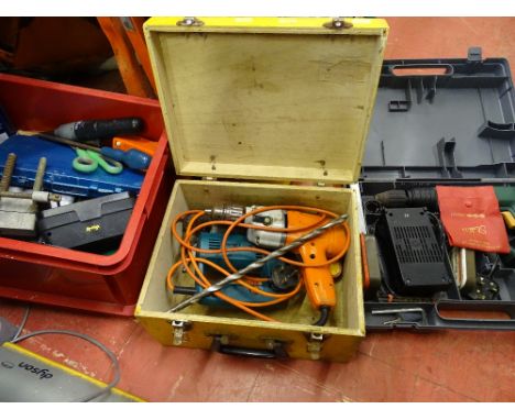 Bosch 9.6v cordless drill in case, red tub of garage items, socket sets etc and a wooden box containing two power tools E/T