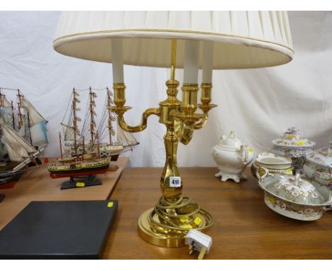 Large brass triple branch circular based table lamp and shade E/T