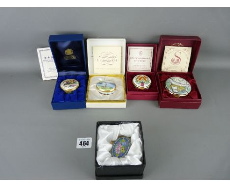Five boxed decorative modern enamel patch boxes