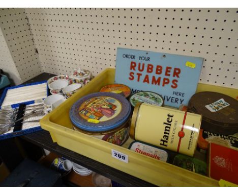 Parcel of vintage items including cased cake forks, teaware, retail tins and signage etc