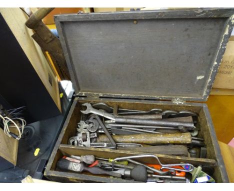Wooden toolbox and contents of vintage spanners etc