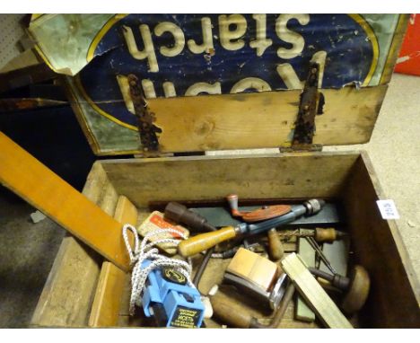 Old packing box for starch with quantity of vintage tools etc
