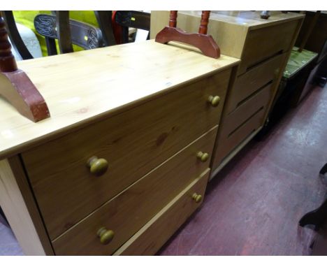 Pine effect three drawer chest and a wooden vintage four drawer chest