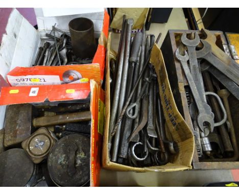 Quantity of vintage spanners, sockets, ring spanners and tools etc in four boxes