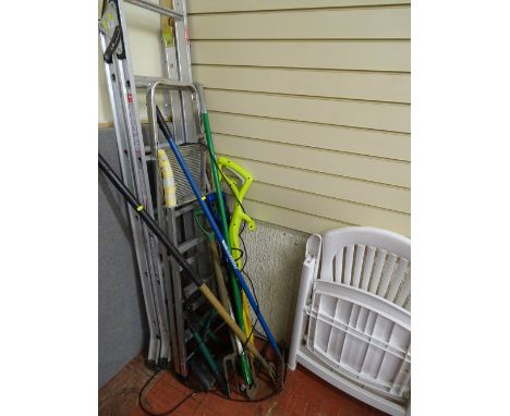 Two aluminium stepladders and a parcel of long handled garden tools, Ryobi strimmer etc E/T