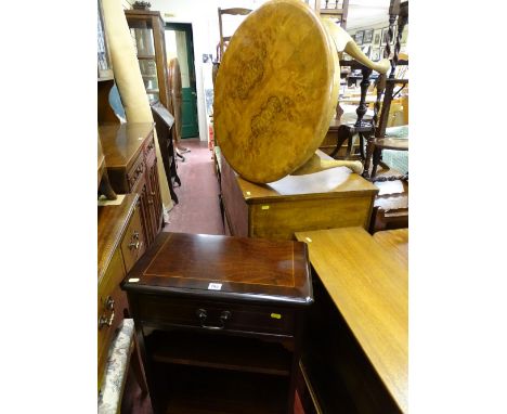 Small polished wood inlaid hall table with centre shelf and upper drawer and a small coffee table