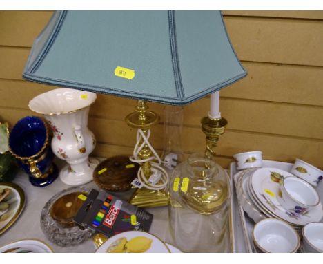Brass table lamp and candlestick and parcel of miscellaneous items