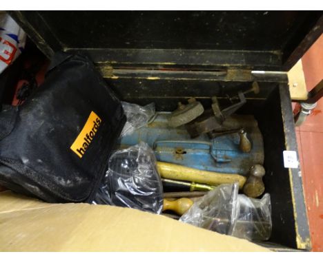 Wooden box containing a cantilever toolbox and vintage hand tools etc