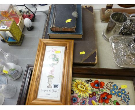 Small parcel of vintage books, framed porcelain tiles etc