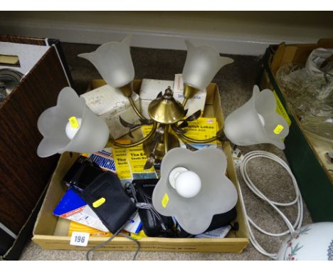 Oriental vase converted to a table lamp and a tray of mixed collectables including ceiling lamp, Ordnance Survey maps, camera