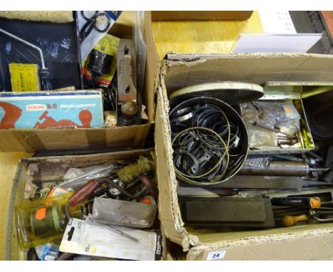Two boxes and a small suitcase of miscellaneous vintage tools, clips, files etc