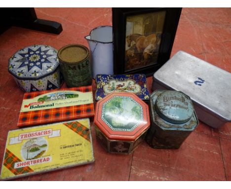 Parcel of vintage metal tins, enamel jug and a framed picture of a horse