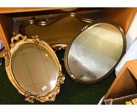 Three gilt framed mirrors.  (1 shelf)