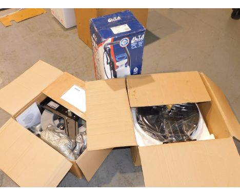A pressurised weed sprayer and two garden hose reel containers, on wheels, boxed. This lot is located at our additional premi
