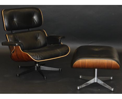 In the manner of Charles and Ray Eames a chair (760) and ottoman (761) in a black leather button-back upholstery to a palensa